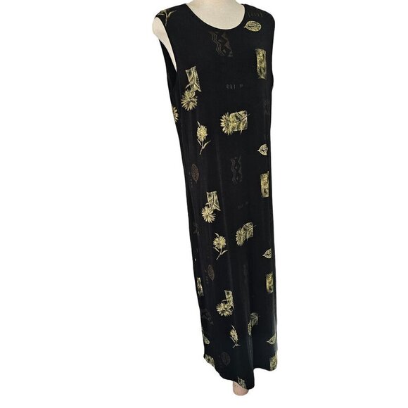 Es Se Stretch Nylon Knit Black Maxi Dress Plus 1XL Gold Foral Print Slveless 90s - Picture 7 of 11